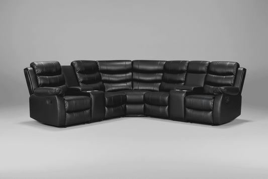 Black Leather 'Lando' 2c2 Corner Sofa With 2 Drinks Consoles Reclining & Modular| High Backrest | Built To Fit Any Home | Couch