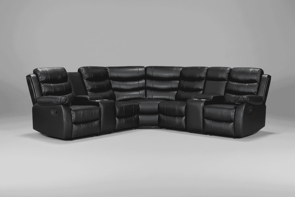 Black Leather 'Lando' 2c2 Corner Sofa With 2 Drinks Consoles Reclining & Modular| High Backrest | Built To Fit Any Home | Couch