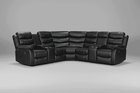 Black Leather 'Lando' 2c2 Corner Sofa With 2 Drinks Consoles Reclining & Modular| High Backrest | Built To Fit Any Home | Couch