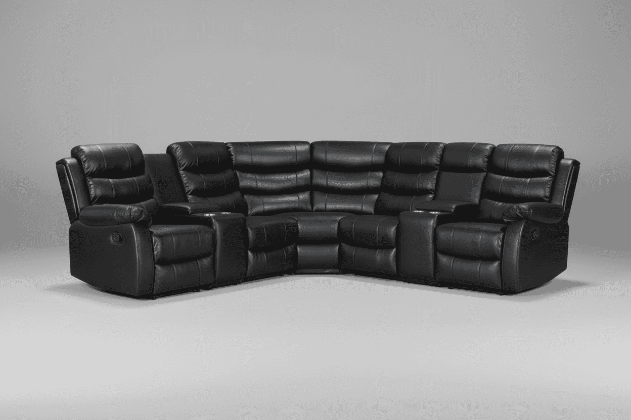Black Leather 'Lando' 2c2 Corner Sofa With 2 Drinks Consoles Reclining & Modular| High Backrest | Built To Fit Any Home | Couch