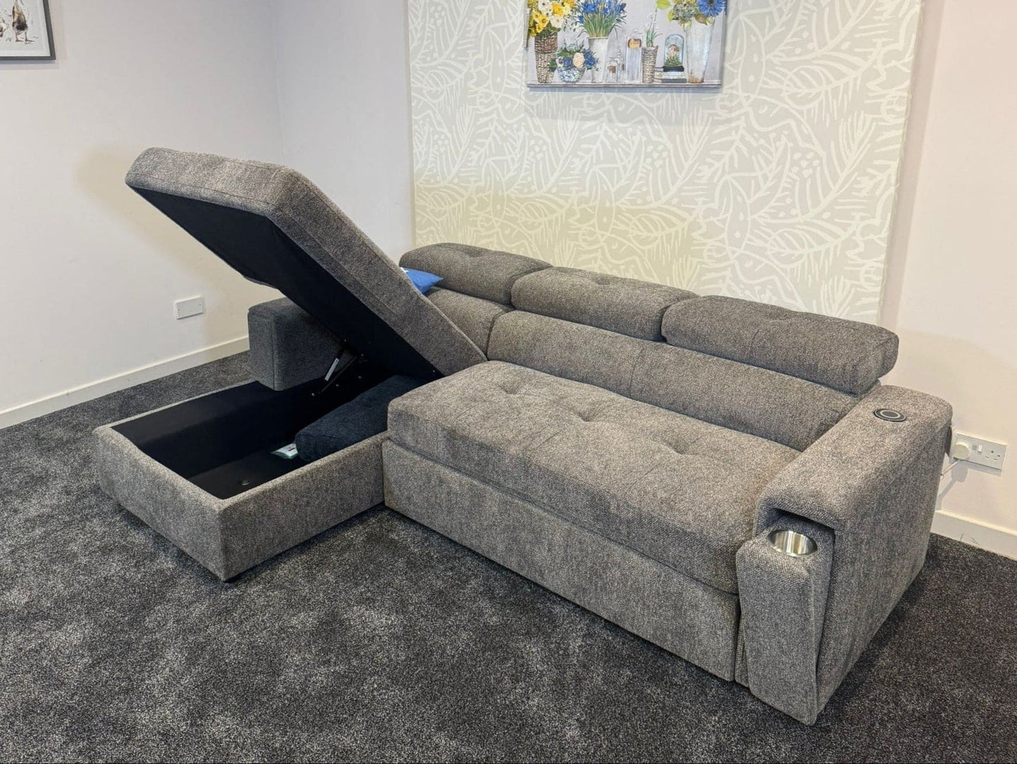 "Heatons" SOFA BED - Grey Fabric Corner Sofa / Sofa Bed LHF With Storage Ottoman + Adjustable Headrests + Drinks Holder + Wireless Charger + Drinks Holder