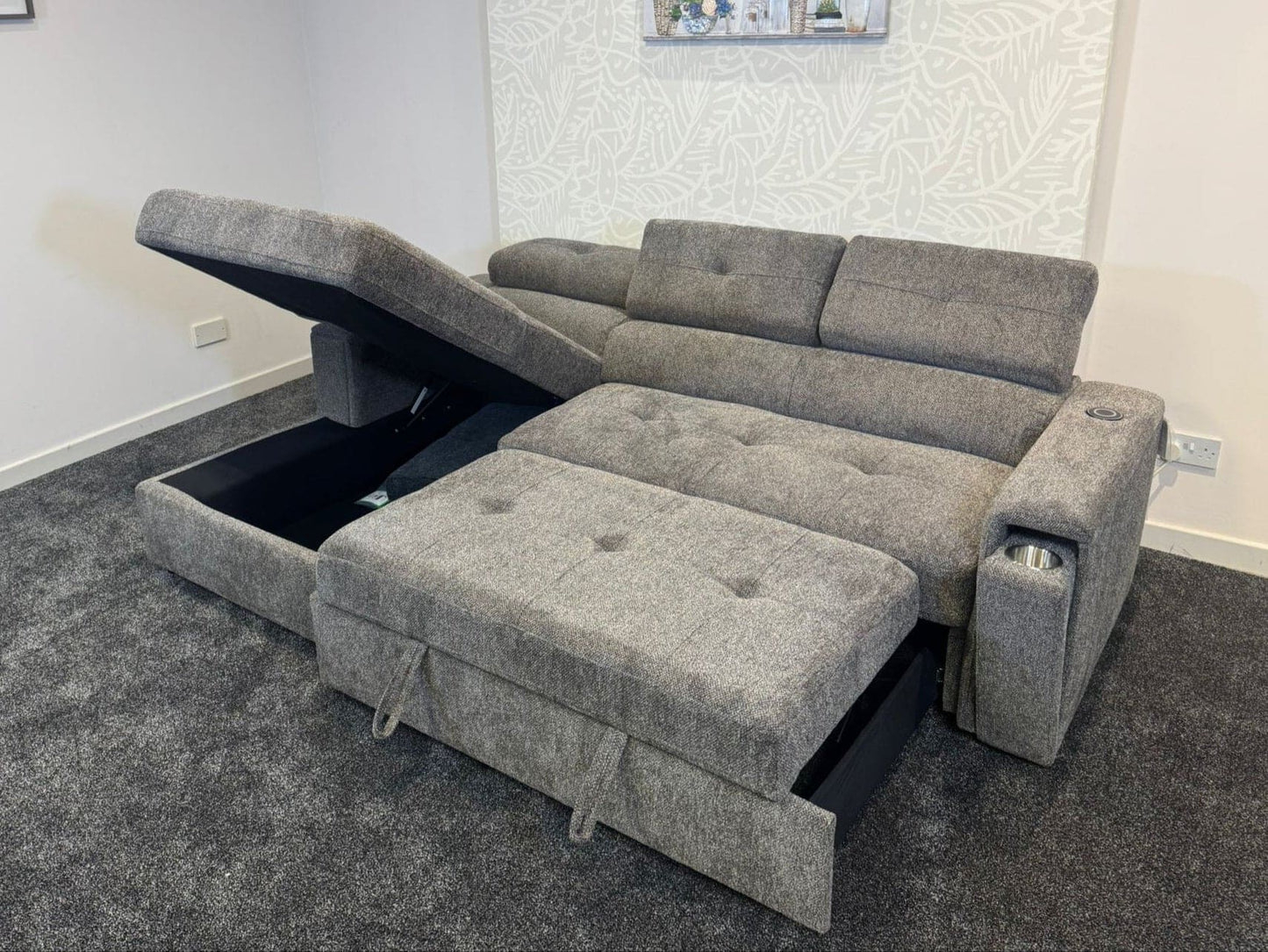 "Heatons" SOFA BED - Grey Fabric Corner Sofa / Sofa Bed RHF With Storage Ottoman + Adjustable Headrests + Drinks Holder + Wireless Charger + Drinks Holder