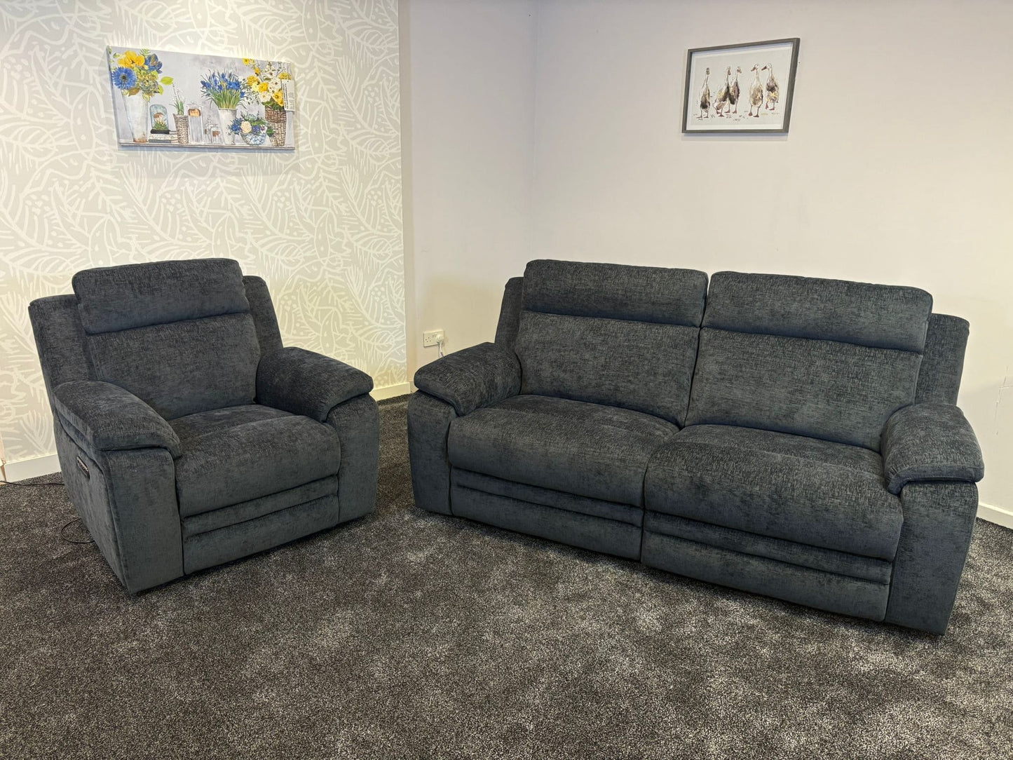 "Barretta" Electric / Power Reclining Grey Fabric Sofa Set - USB Charging & Drinks Tray Table