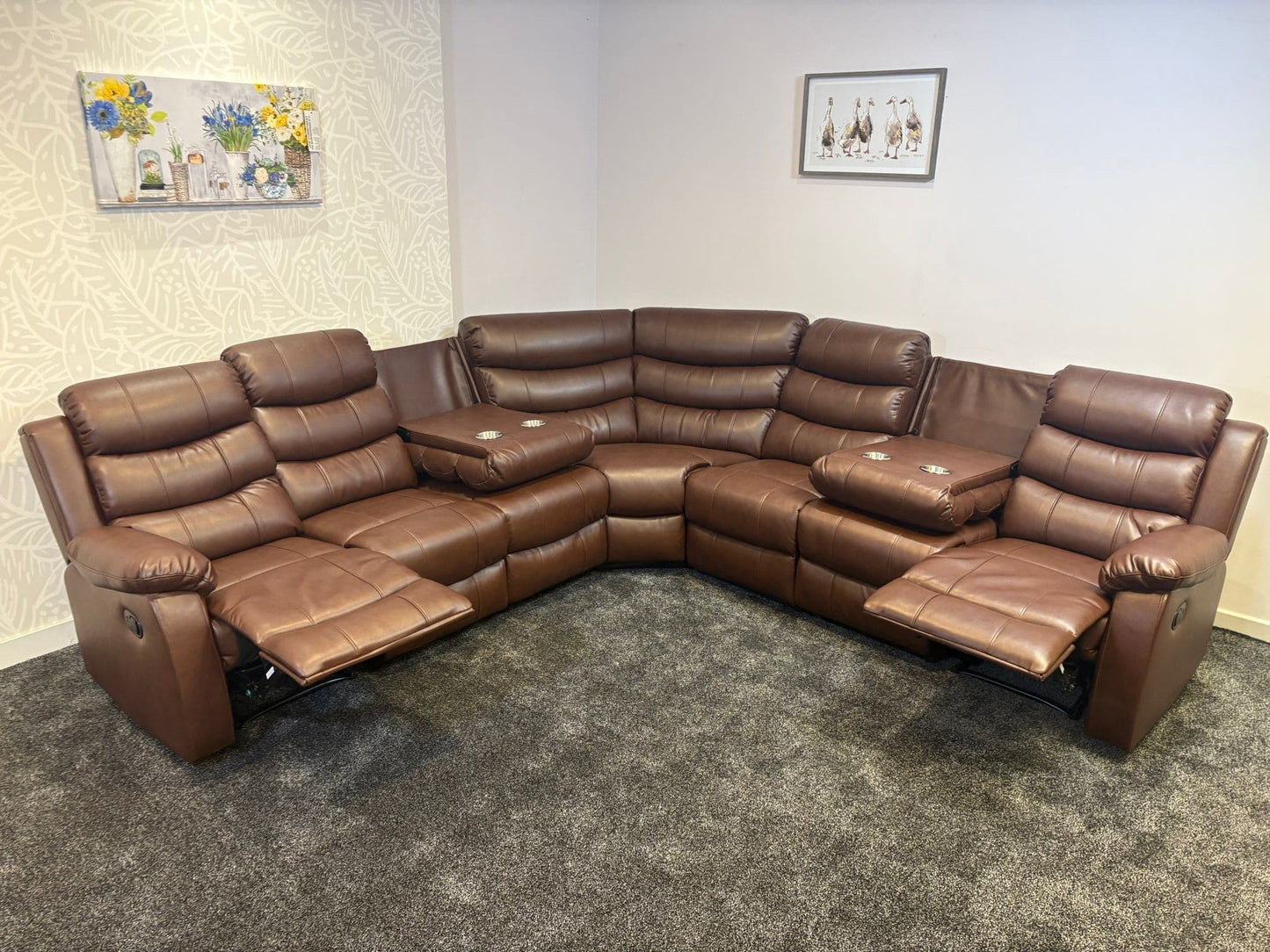 "Lando" Brown Leather 3C3 Recliner Corner Sofa | Drinks Tray Table x 2 | Modular
