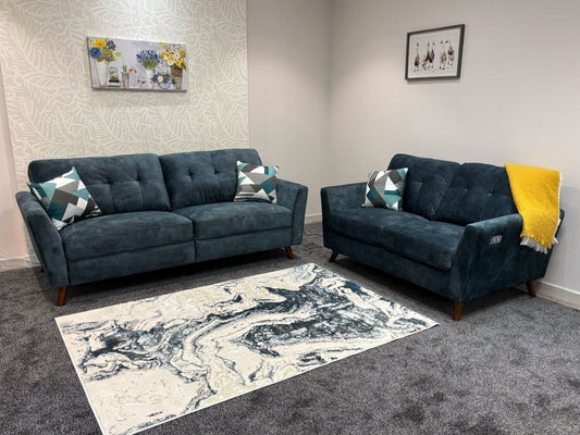 DFS Electric Recliner Ocean / Blue Plush Velvet Fabric 3 Seater + 2 Seater Sofa Set Bundle