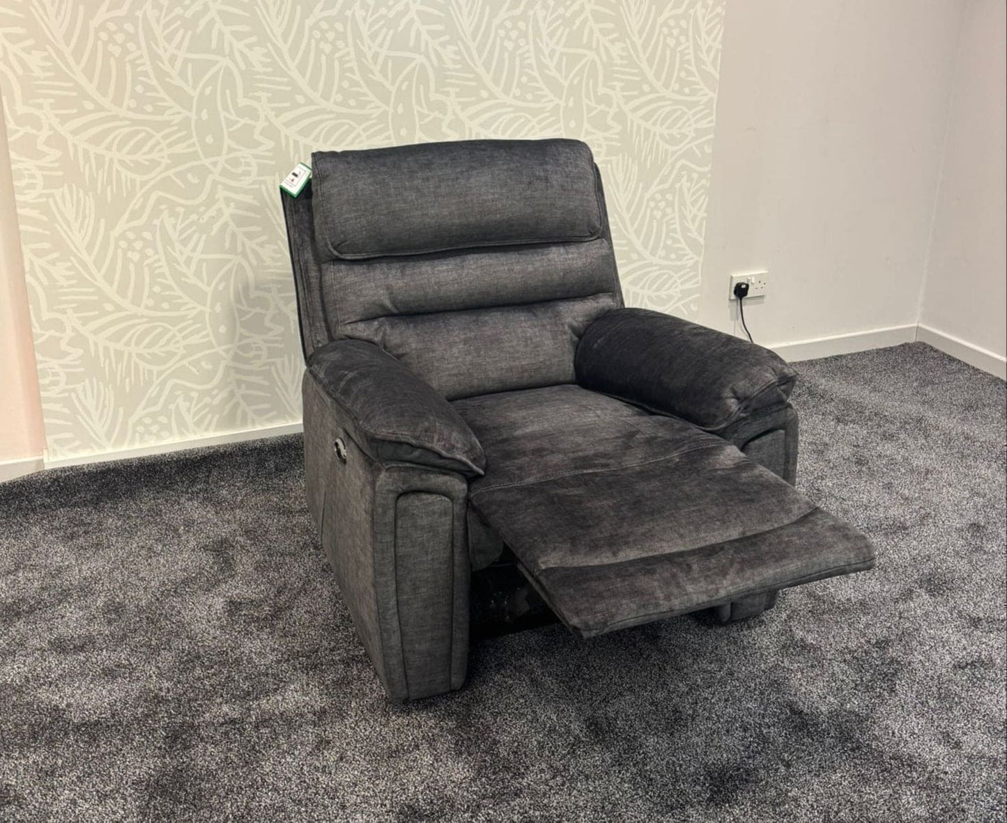 The “ Donald " Electric / Power Reclining Charcoal Grey Fabric 2 Seater Sofa + Armchair Set - USB Charging & Drinks Tray Table Plus High Seating & Backrest Position