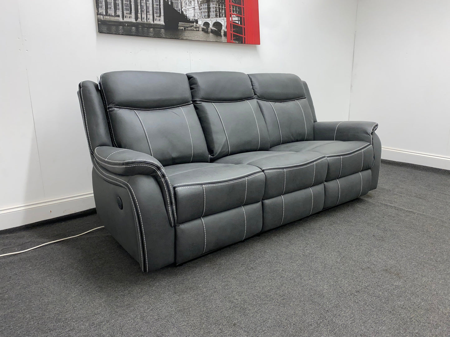 " Sloane Vision " Grey Water Resistant Microfibre Fabric 3 + 2 Seater Electric / Power Recliner Sofa Suite Set With USB Ports & Drop Down Tray Table | Couch |
