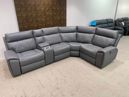 " Ronan " Milano Leather Sectional 5 Unit RHF ( Reversible )  Power Recliner Corner Sofa With USB Charing Ports + Drinks Console