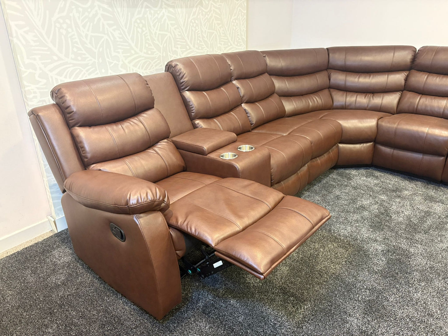 "Lando" Brown Leather 3C3C Recliner Corner Sofa Reversible | Drinks Tray Table | Modular