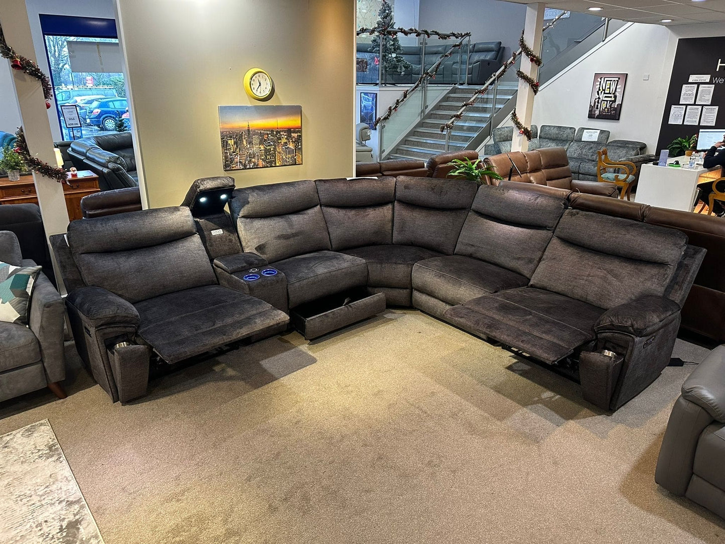 "Trek" 2c2c Grey Plush Fabric Power Recliner Corner Sofa With USB Charging Ports & Cinema Drinks Console