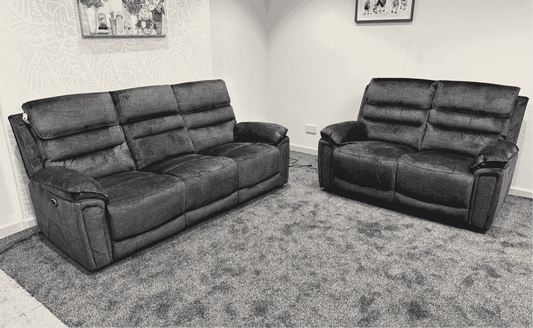 The “ Donald " Electric / Power Reclining Charcoal Grey Fabric 3 Seater + 2 Seater Sofa Set - USB Charging & Drinks Tray Table Plus High Seating & Backrest Position | Couch