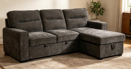 (Back in stock 15th August) 'Lionel' Charcoal Grey Fabric Right Hand Facing Corner Sofa Bed With Storage