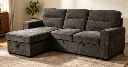 (Back in stock 15th August) 'Lionel' Charcoal Grey Fabric Left Hand Facing Corner Sofa Bed With Storage