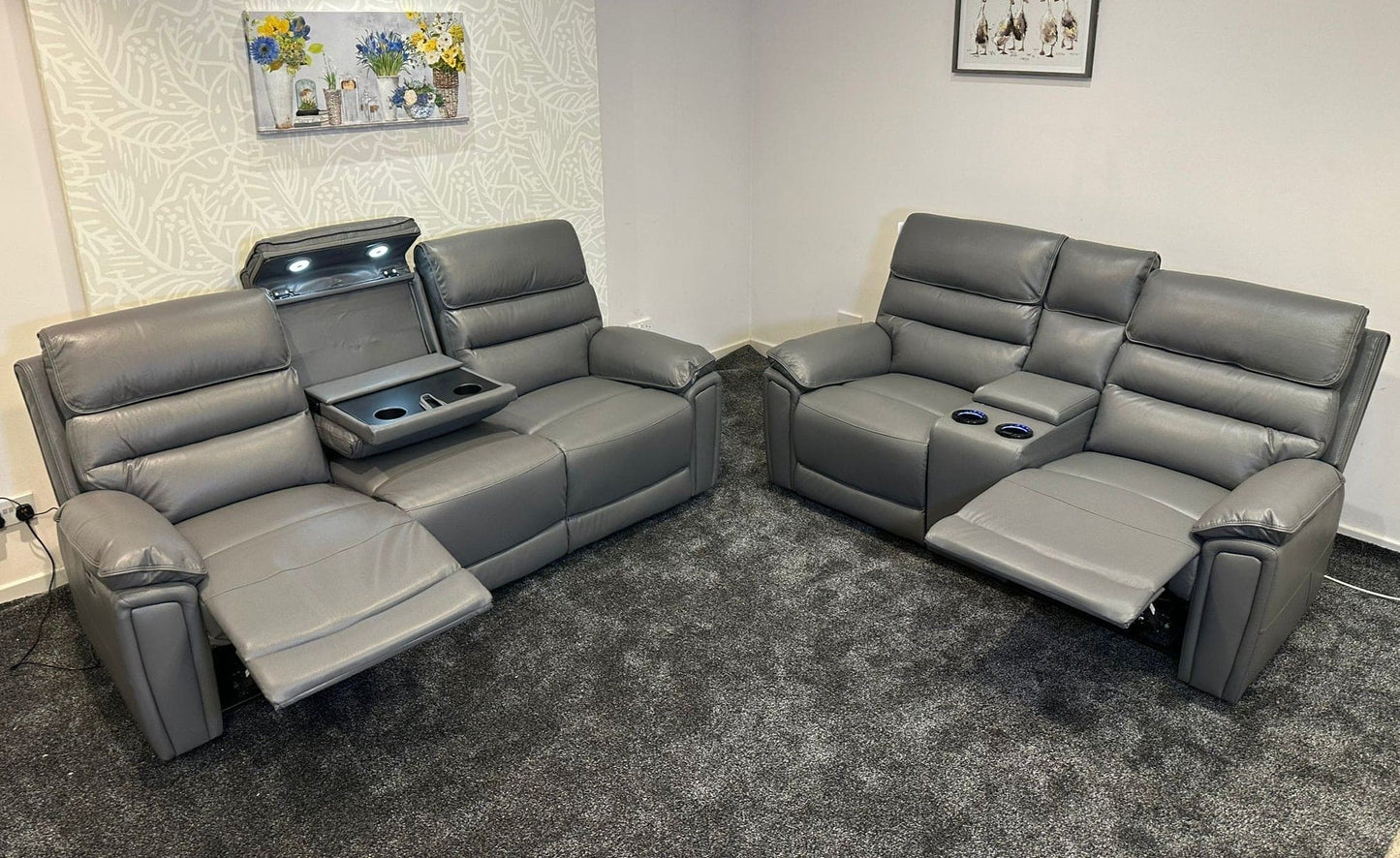 Donald Grey Leather Electric / Power Reclining 3 Seater + 2 Seater Sofa Suite Set With Drinks Coolers USB Charging Ports & Drop Down Tray Table