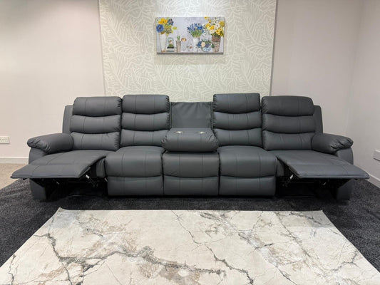 Lando Grey Leather 5 Seater Sofa | Fold Down Tray Table, High Headrest & Seating Position Couch