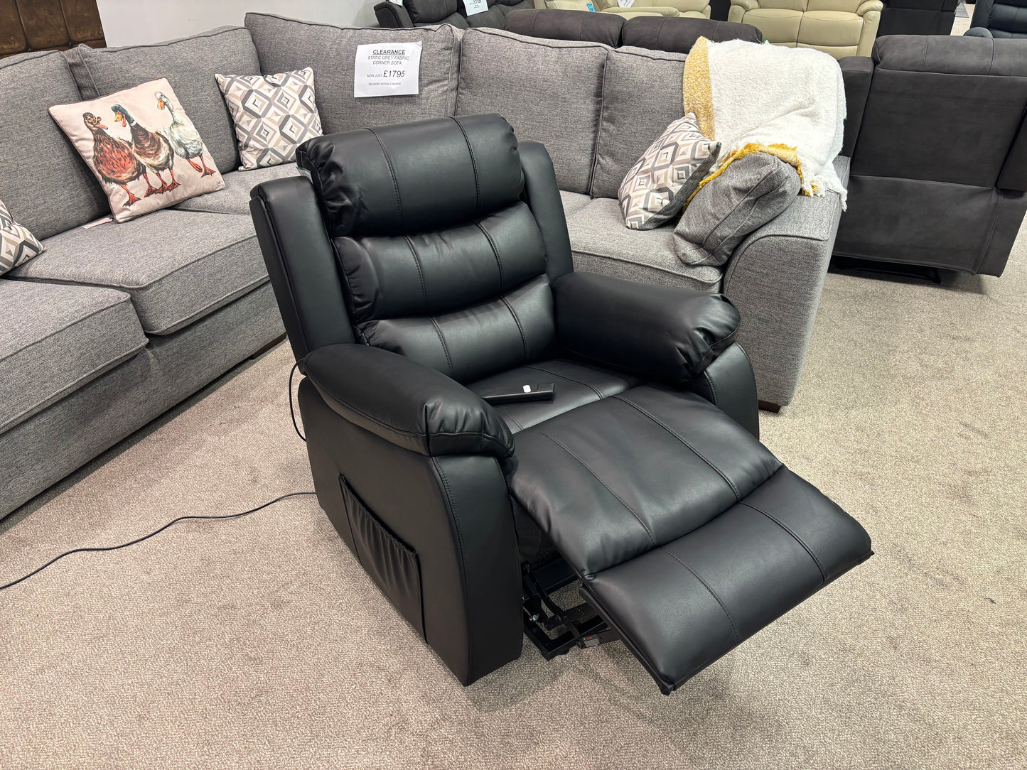 Dual Motor Electric Lando Black Leather Rise & Recliner 1 Seater Sofa / Armchair