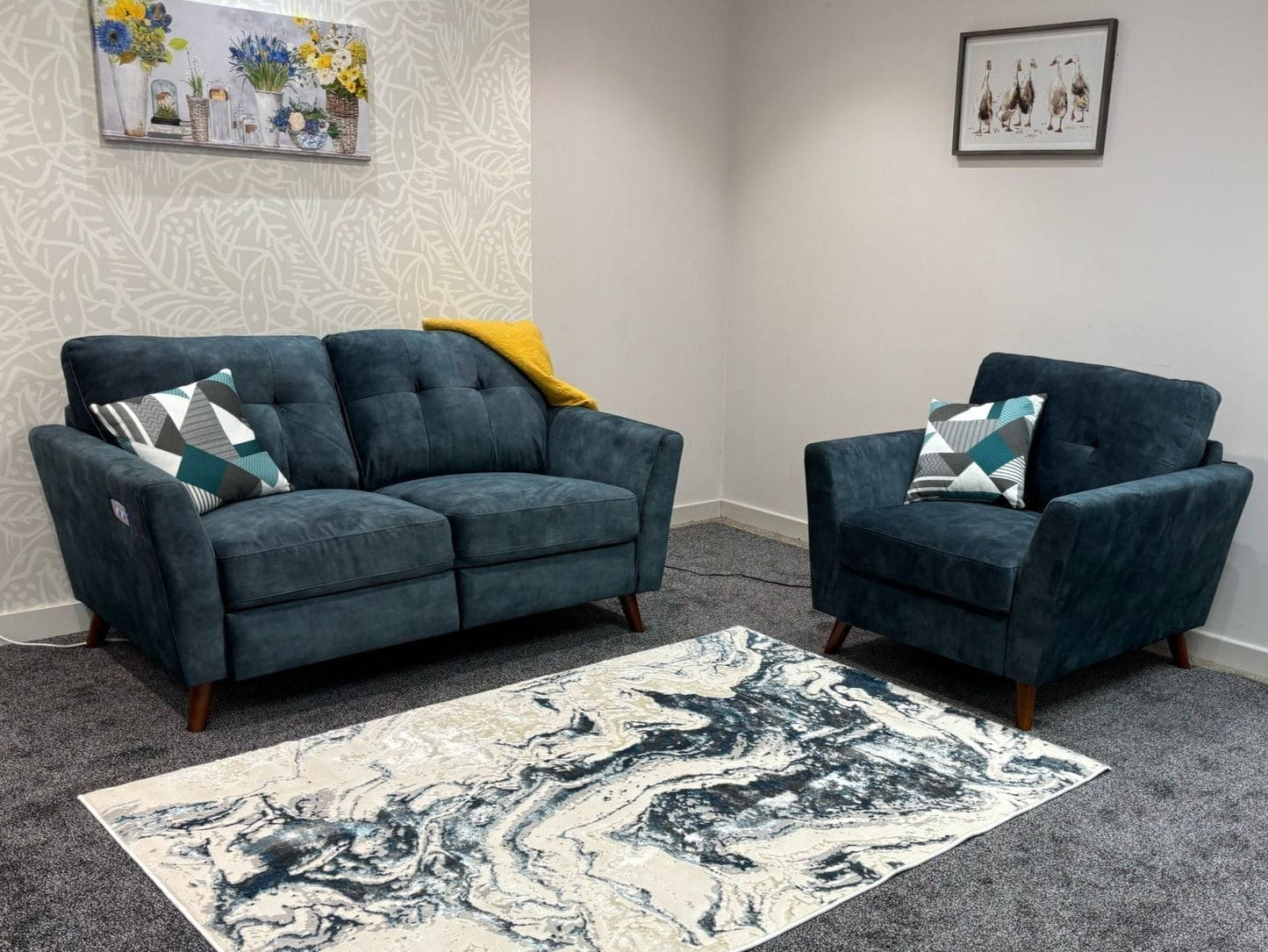 DFS Electric Recliner Ocean / Blue Plush Velvet Fabric 3 Seater, 2 Seater & Armchair Sofa Set Range