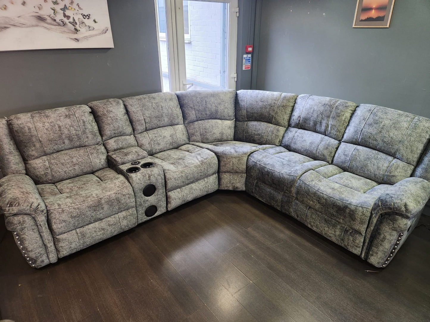 GALAXY Grey Plush Velvet Fabric Electric Reclining 2C2C Corner Sofa | Cooling Cupholders & USB Ports