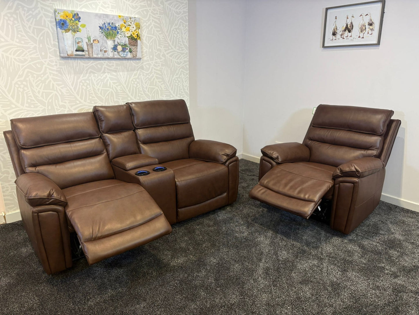 Donald Brown Leather Electric / Power Reclining Sofa Range Suite Set With USB Charging Ports & Drop Down Tray Table