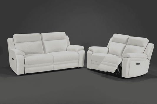FLASH DISCOUNT ENDS MIDNIGHT TONIGHT! "Barre" Electric Reclining 3 Seater + 2 Seater Sofa Set in Ivory Fabric With USB Charging Ports