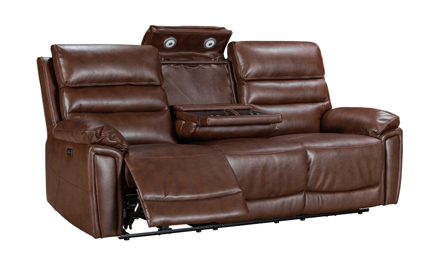 Donald Brown Leather Electric / Power Reclining 3 Seater + 2 Seater Sofa Set With USB Charging Ports & Drop Down Tray Table