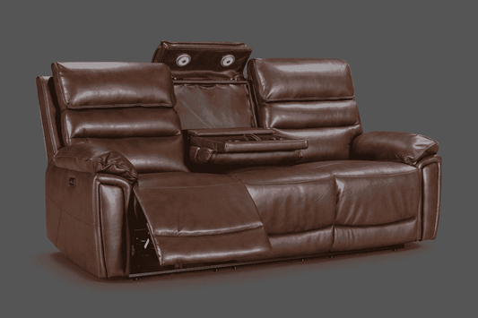 BUNDLE DEAL! Calisese Brown Leather Electric Reclining 3 Seater + 2 Seater With Drinks Console + Armchair Sofa Range Suite Set With USB Charging Ports & Drop Down Tray Table