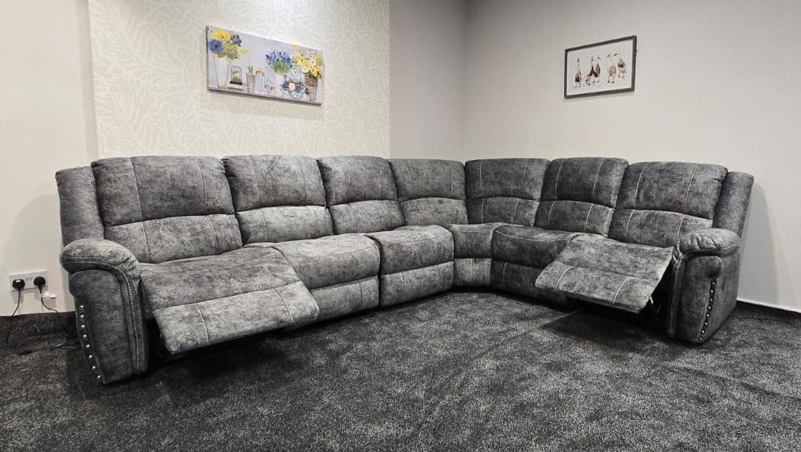 GALAXY Grey Plush Velvet Fabric Electric Reclining 3C2 Corner Sofa & USB Ports