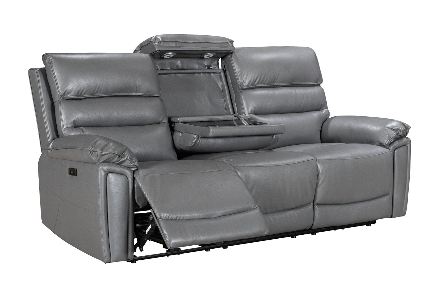 Donald Grey Leather Electric / Power Reclining 3 Seater + 2 Seater Sofa Suite Set With Drinks Coolers USB Charging Ports & Drop Down Tray Table