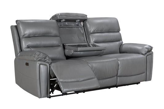 "Donald" Grey Leather Electric / Power Reclining 3 Seater Sofa + 2 Armchairs Sofa Set With USB Charging Ports & Drop Down Tray Table