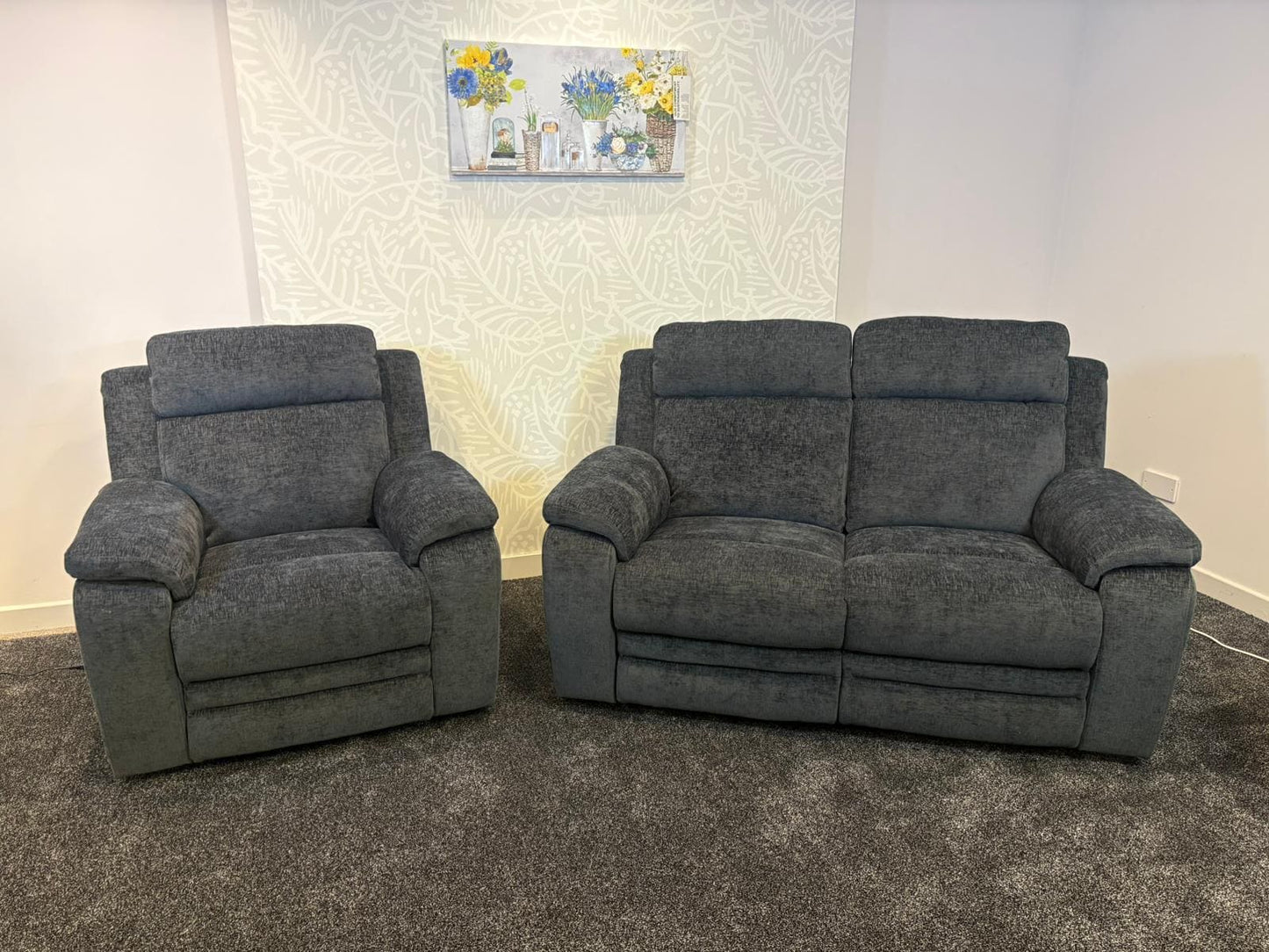 "Barretta" Electric / Power Reclining Grey Fabric Sofa Set - USB Charging & Drinks Tray Table