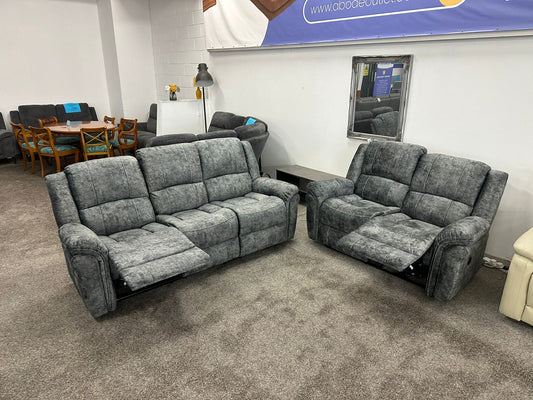 GALAXY Grey ELECTRIC Plush Velour Velvet 3 + 2 Seater Reclining Sofa Set With Drop Down Drinks Tray Table & USB Charging Ports