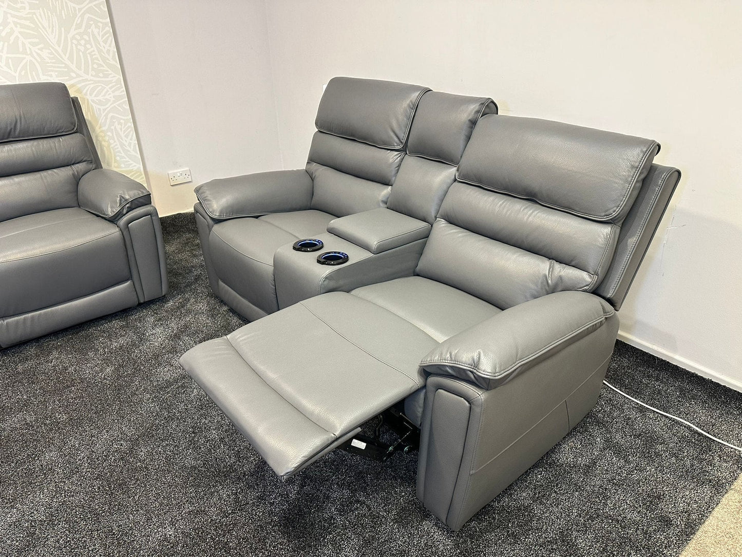 Donald Grey Leather Electric / Power Reclining 3 Seater + 2 Seater Sofa Suite Set With Drinks Coolers USB Charging Ports & Drop Down Tray Table