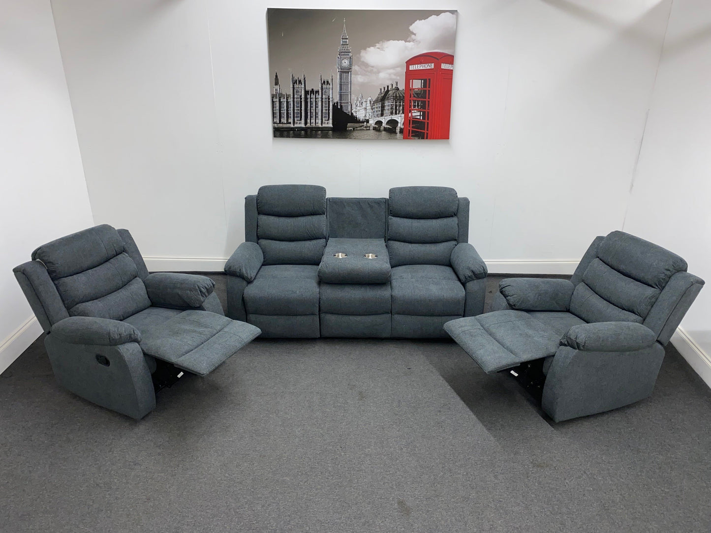 ‘Lewson’ Charcoal Grey Fabric Recliner 3 + 1 + 1 Seater with Drinks Tray Table