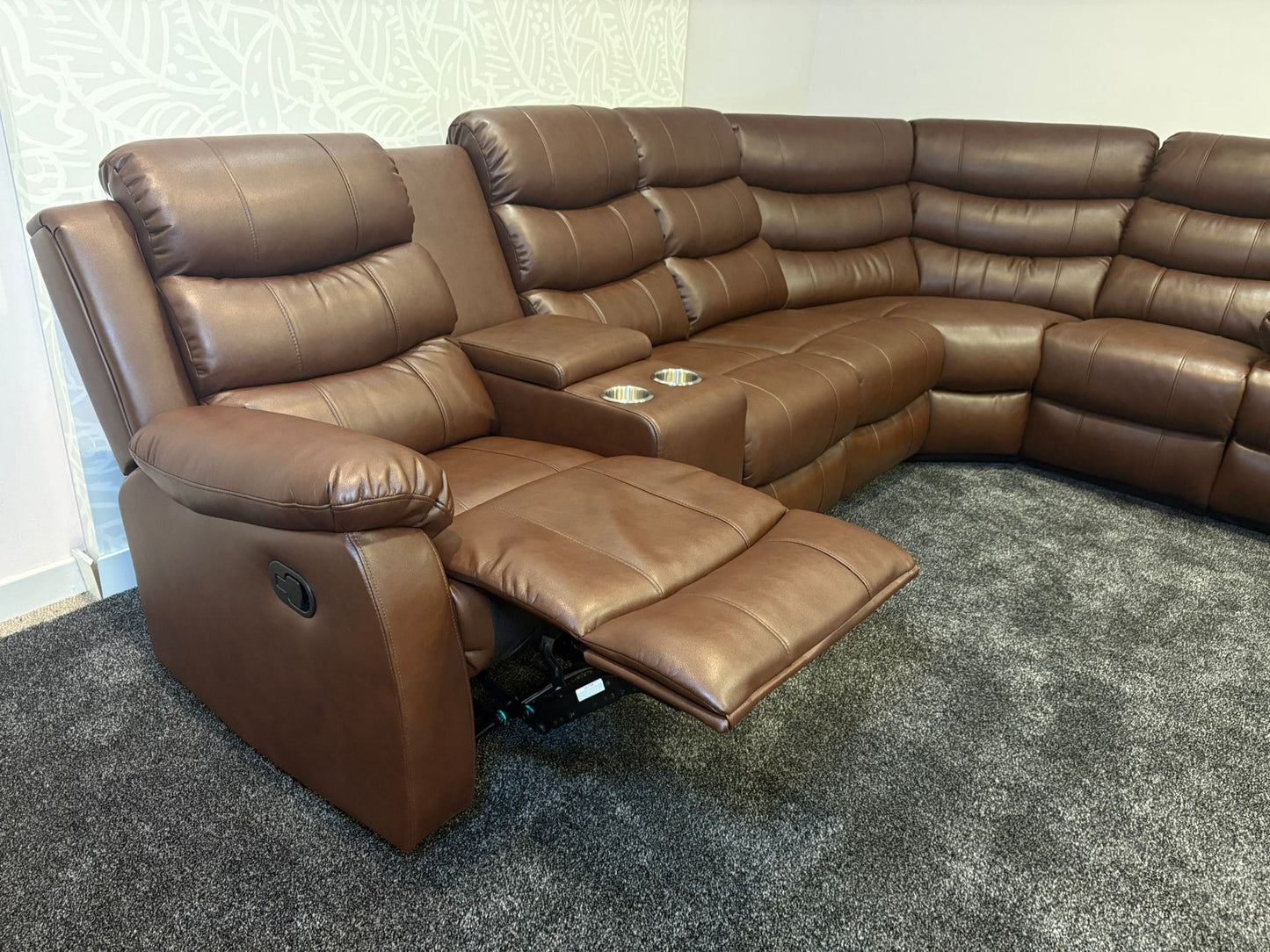 "Lando" Brown Leather 3C3C Recliner Corner Sofa Reversible | Drinks Tray Table | Modular
