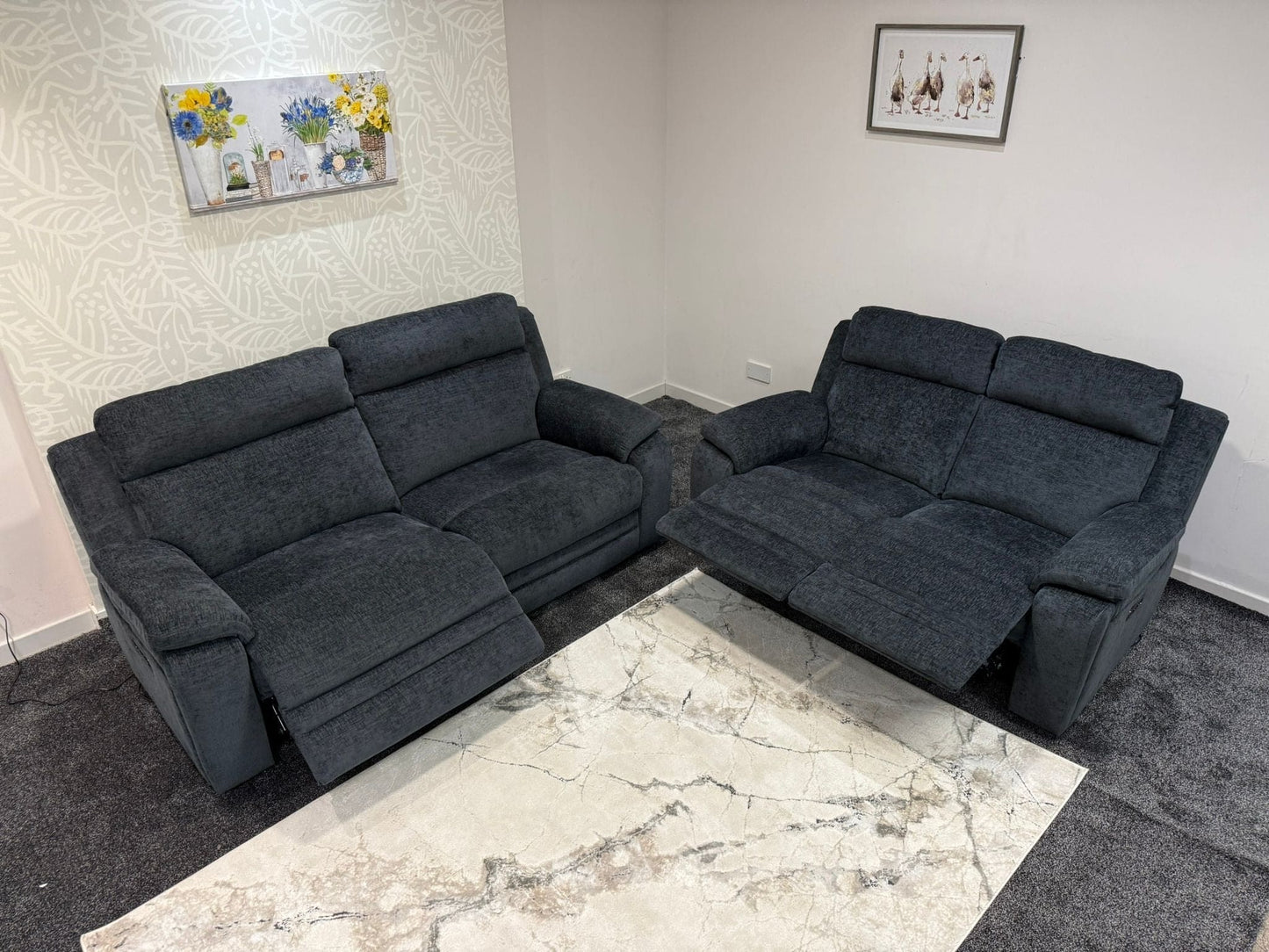 "Barre" Electric / Power Reclining Grey Fabric 3 + 2 Seater Sofa Set - USB Charging Ports