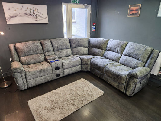 GALAXY Grey Plush Velvet Fabric Electric Reclining 2C2C Corner Sofa | Cooling Cupholders & USB Ports