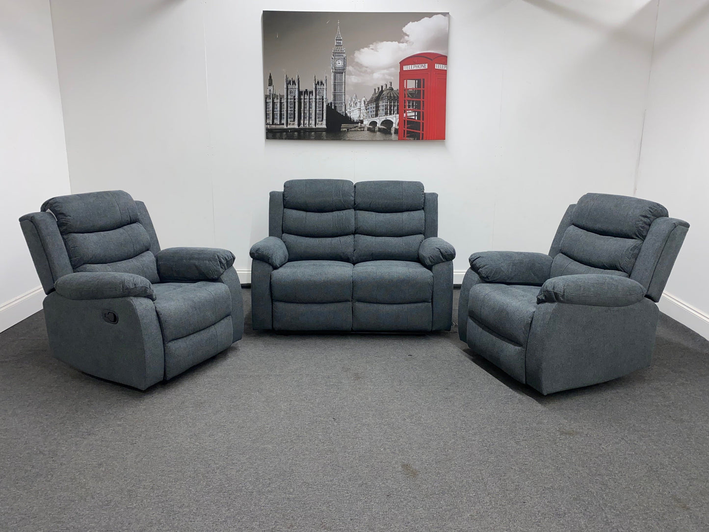 ‘Lewson’ Charcoal Grey Fabric Recliner 2 + 1 + 1 Seater Sofa + Armchair Sofa Suite Set | Couch |