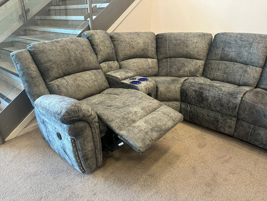 Galaxy Tech Grey Plush Velour Velvet Fabric Electric Reclining Reversible Modular Corner Sofa | USB Ports | Tech Drinks Console | Couch |