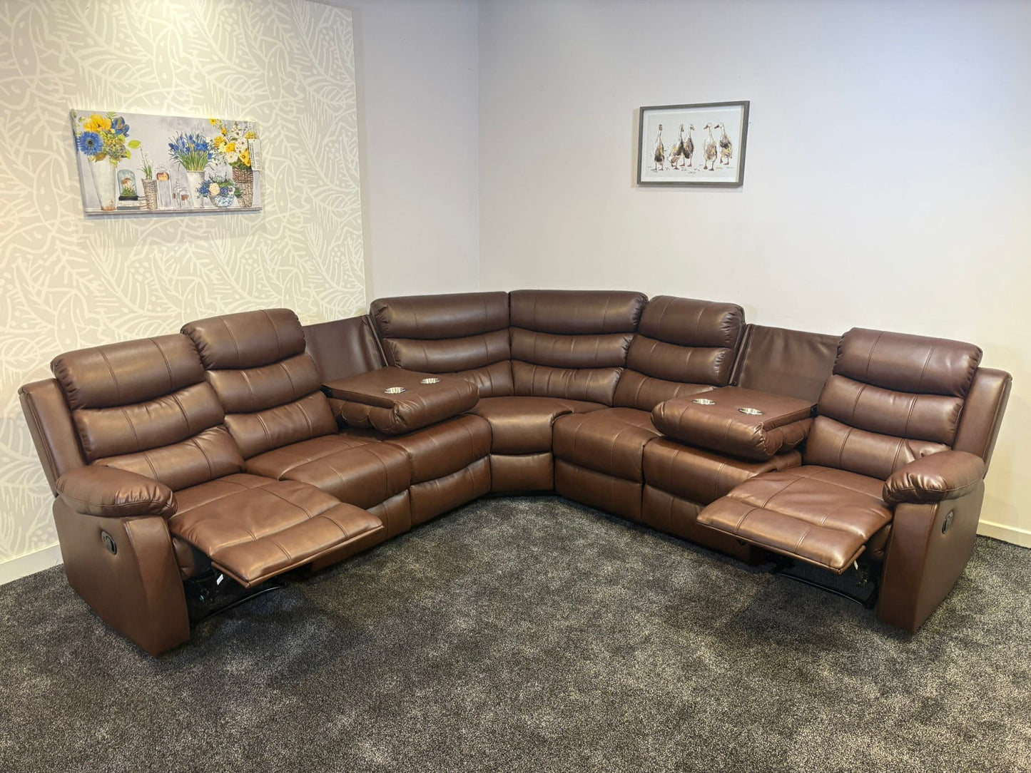 "Lando" Brown Leather 3C3 Recliner Corner Sofa | Drinks Tray Table x 2 | Modular