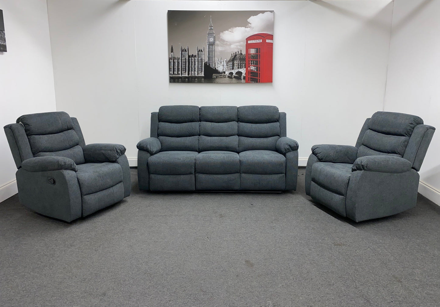 ‘Lewson’ Charcoal Grey Fabric Recliner 3 + 1 + 1 Seater with Drinks Tray Table