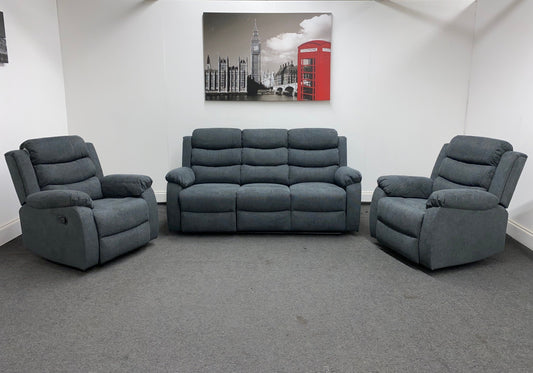 ‘Lewson’ Charcoal Grey Fabric Recliner 3 + 1 + 1 Seater with Drinks Tray Table