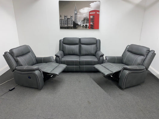 " Mason " Grey Water Resistant Microfibre Fabric 2 + 1 + 1 Seater Electric / Power Recliner Sofa Suite Set Complete With USB Ports | Couch |