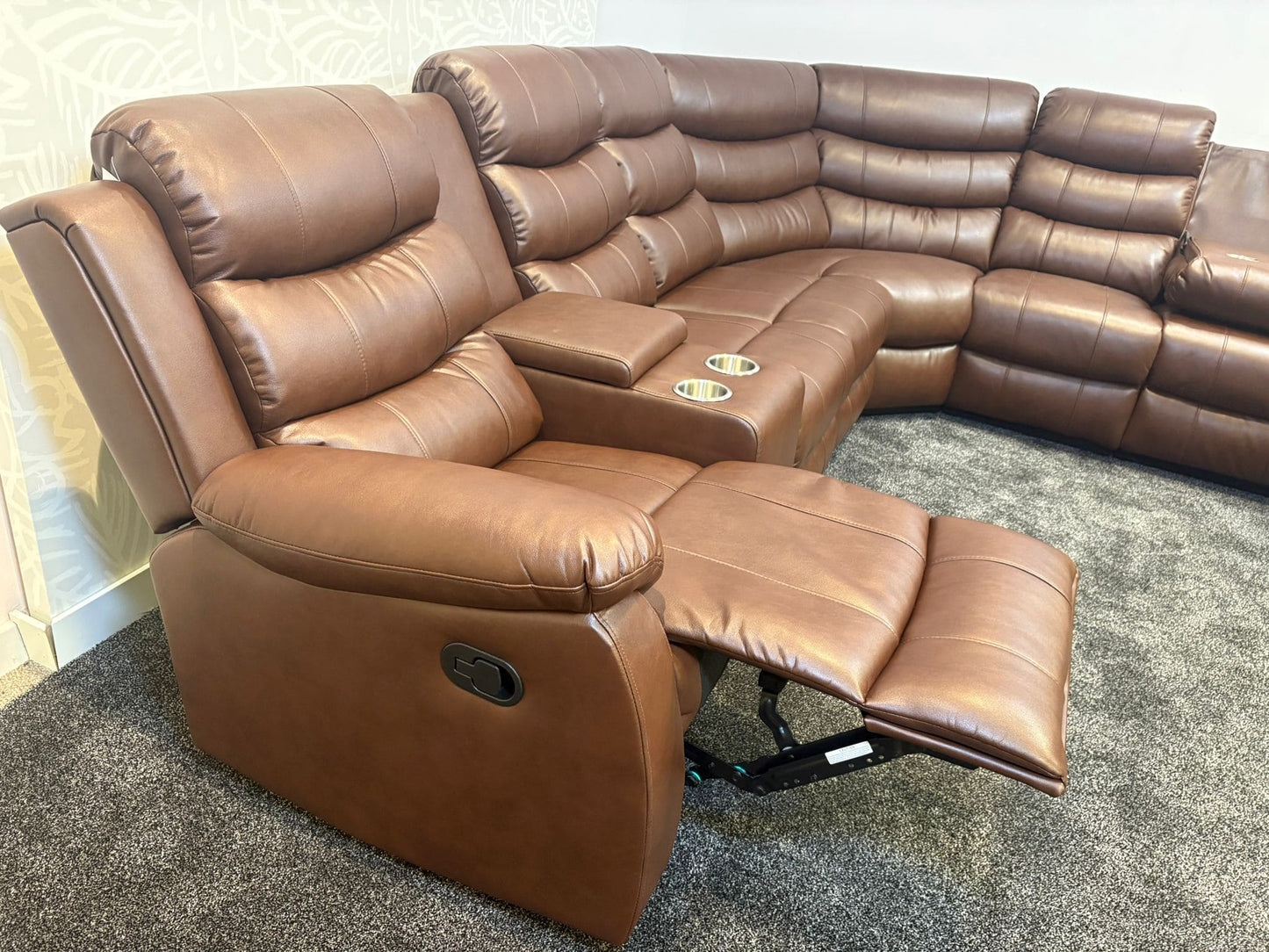 "Lando" Brown Leather 3C3C Recliner Corner Sofa Reversible | Drinks Tray Table | Modular
