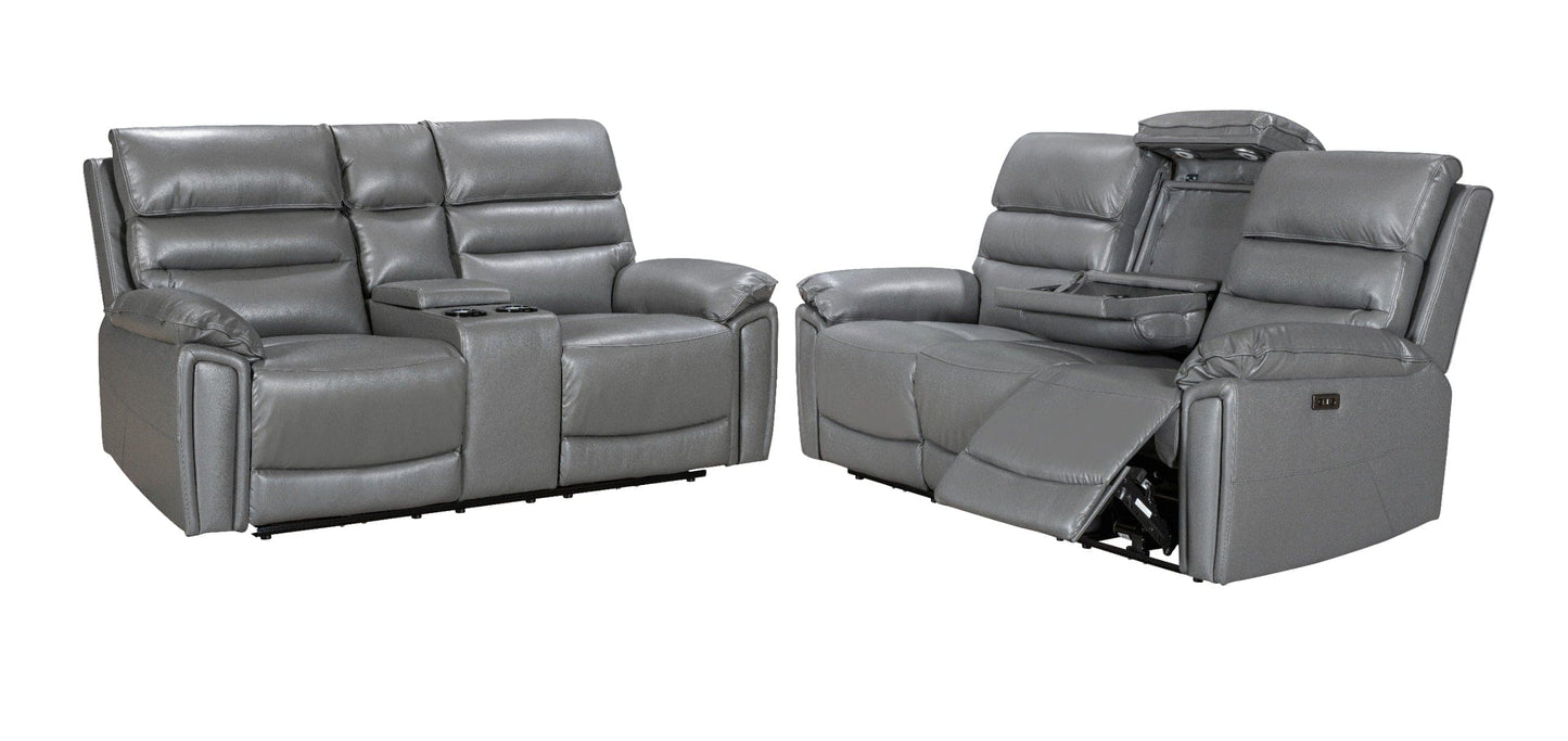Donald Grey Leather Electric / Power Reclining 3 Seater + 2 Seater Sofa Suite Set With Drinks Coolers USB Charging Ports & Drop Down Tray Table