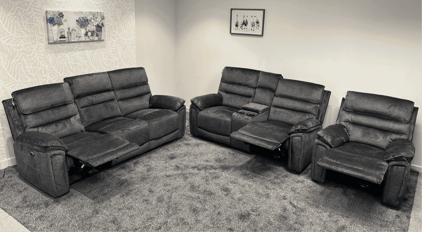 The “ Donald " Electric / Power Reclining Charcoal Grey Fabric Sofa Set - USB Charging & Drinks Tray Table Plus High Seating & Backrest Position | Couch |