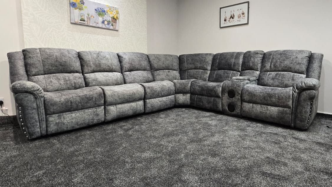 GALAXY Grey Plush Velvet Fabric Electric Reclining 3C2C Corner Sofa, Drinks Coolers & USB Ports