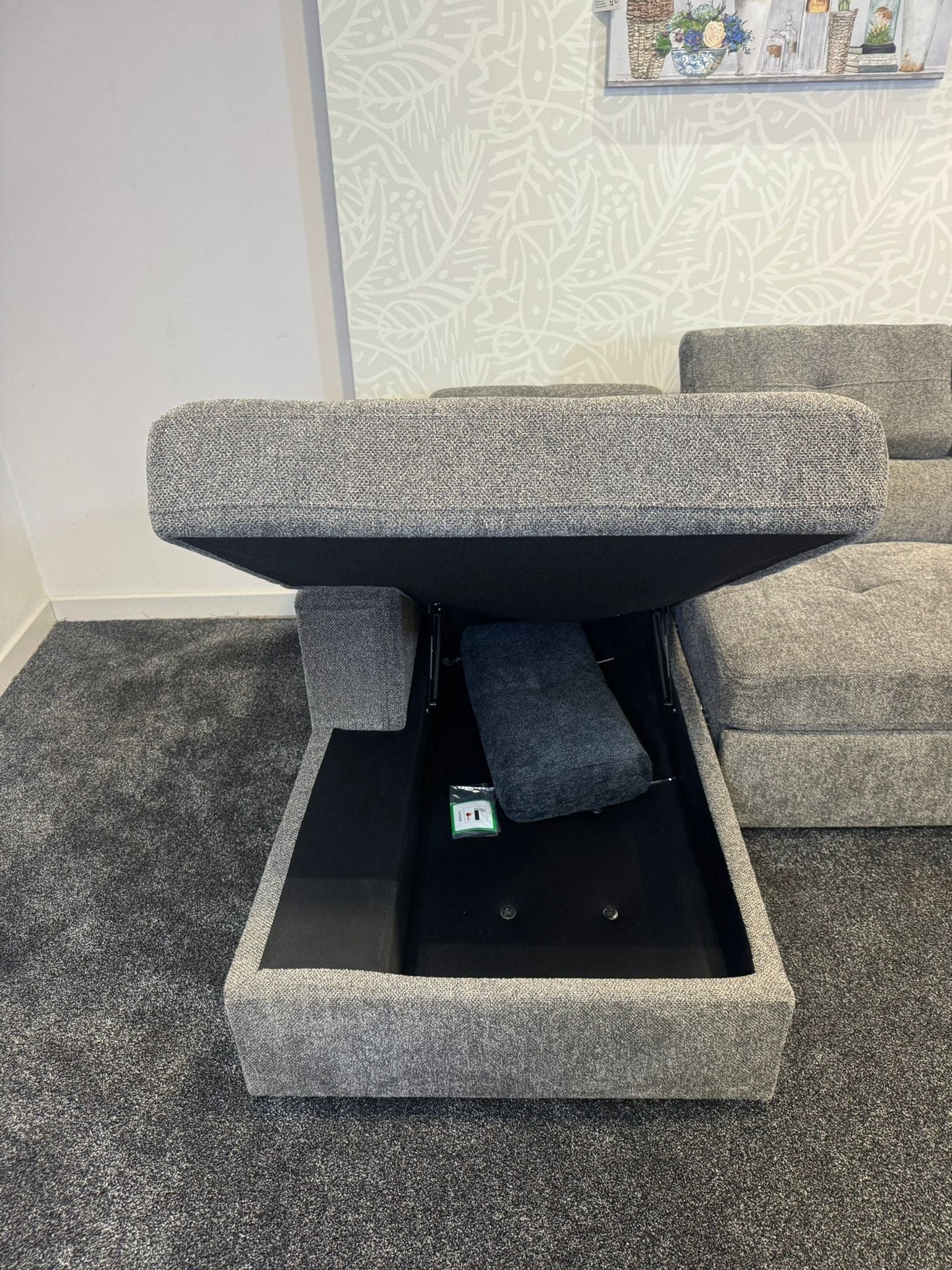 RHF Grey Fabric Sofa Bed + Storage Ottoman + Adjustable Headrests + Drinks Holder + Wireless Charger