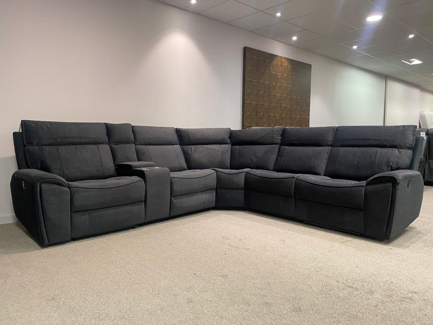" Ronan " Sectional 6 Unit Plush Fabric Power Recliner Corner Sofa With USB Charing Ports + Drinks Console | Couch |
