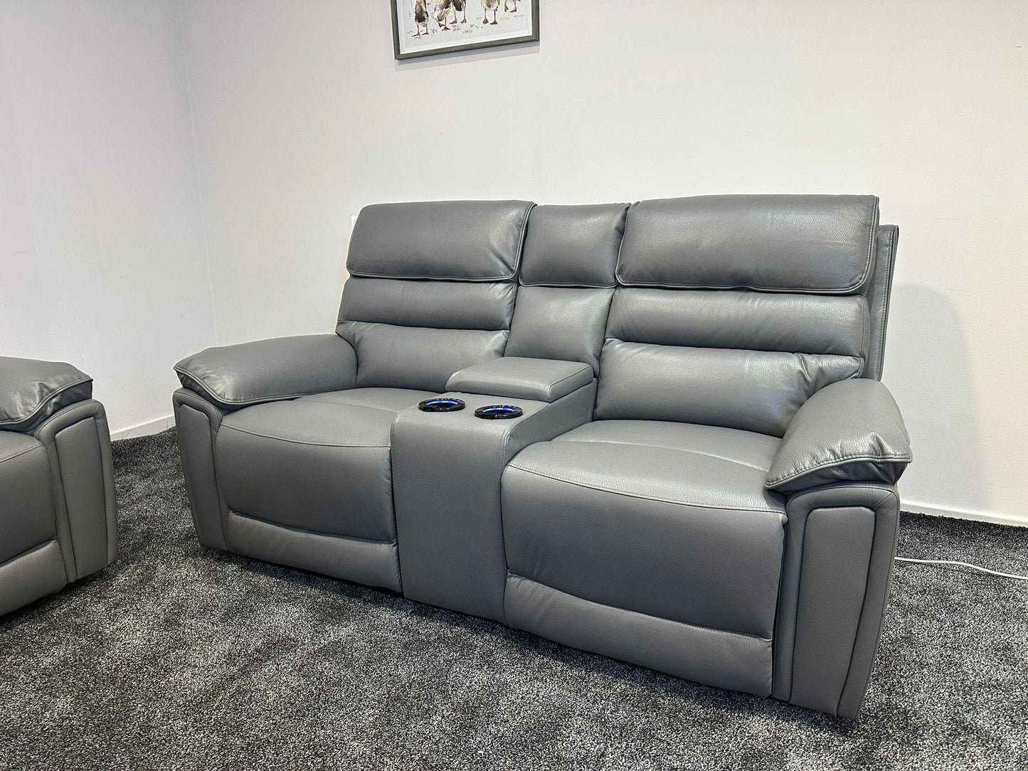 Donald Grey Leather Electric / Power Reclining 3 Seater + 2 Seater Sofa Suite Set With Drinks Coolers USB Charging Ports & Drop Down Tray Table