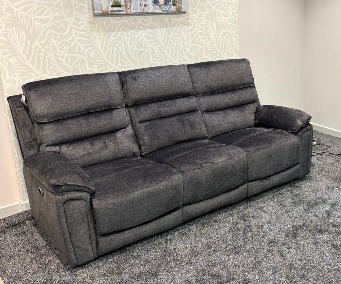 The “ Donald " Electric / Power Reclining Charcoal Grey Fabric Sofa Set - USB Charging & Drinks Tray Table Plus High Seating & Backrest Position | Couch |